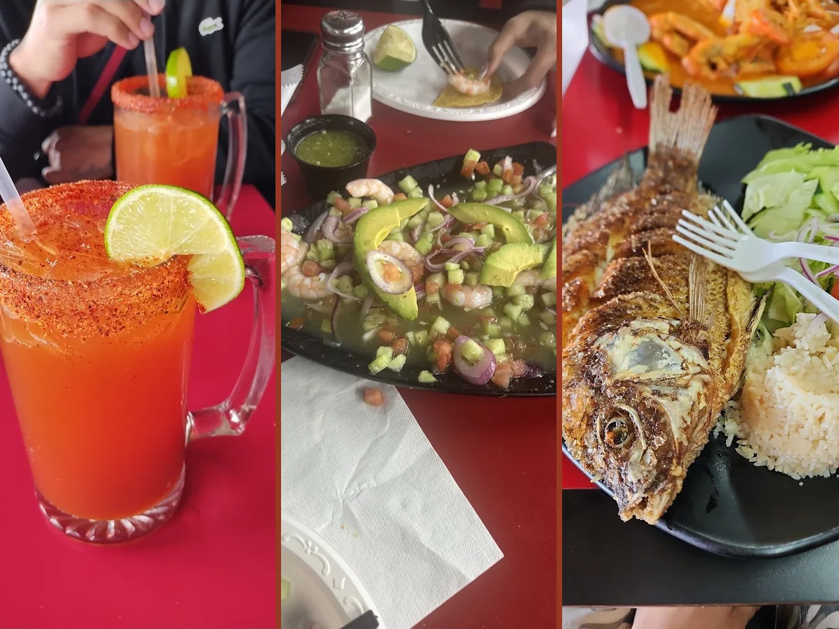 Seafood plates on a casual restaurant table.